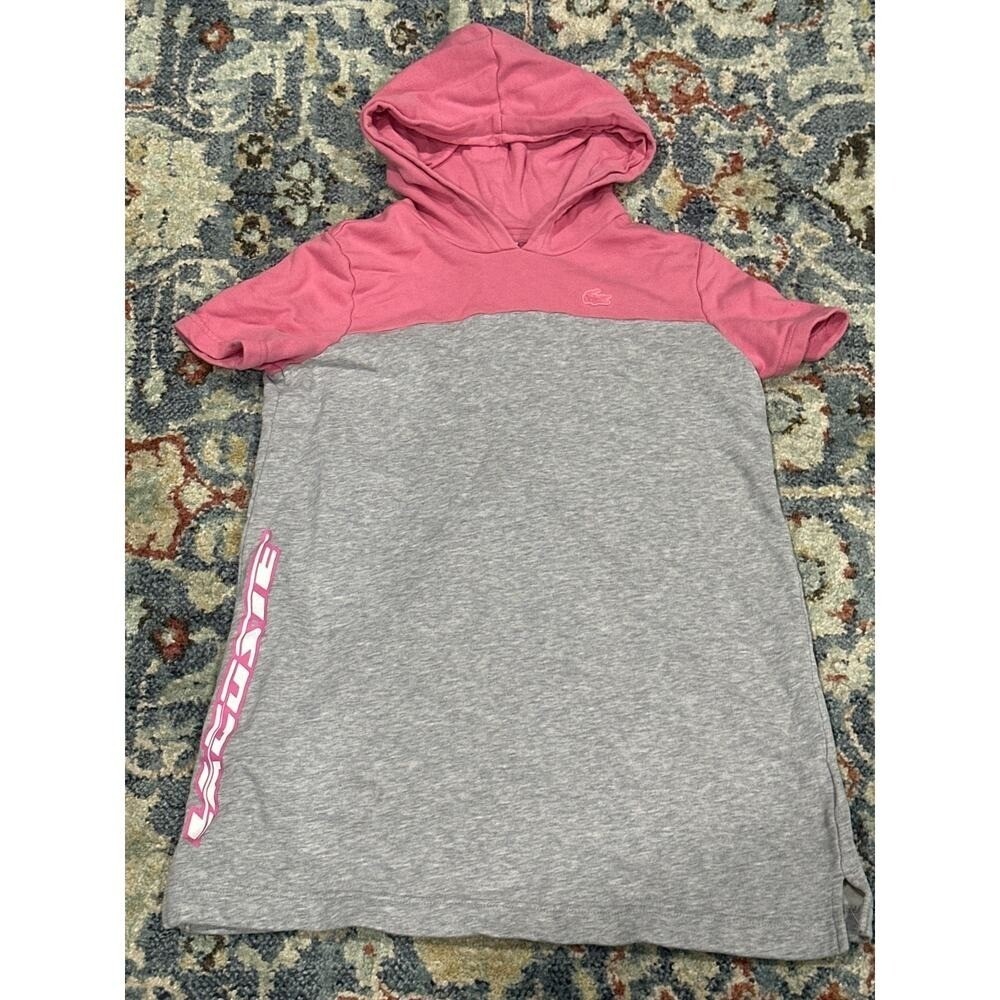 Lacoste Hoodie Dress Girls 10 Pink Grey Colorblock Short Sleeve EUC